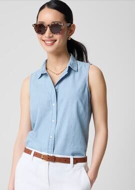 J. Crew Sleeveless Chambray Button-Up Shirt Signature Fit Blue AX632 Size M
